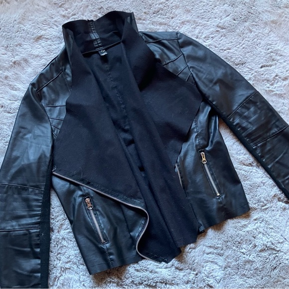 Moto Faux Black Leather side zip waterfall front lightweight jacket cardigan - Picture 11 of 13